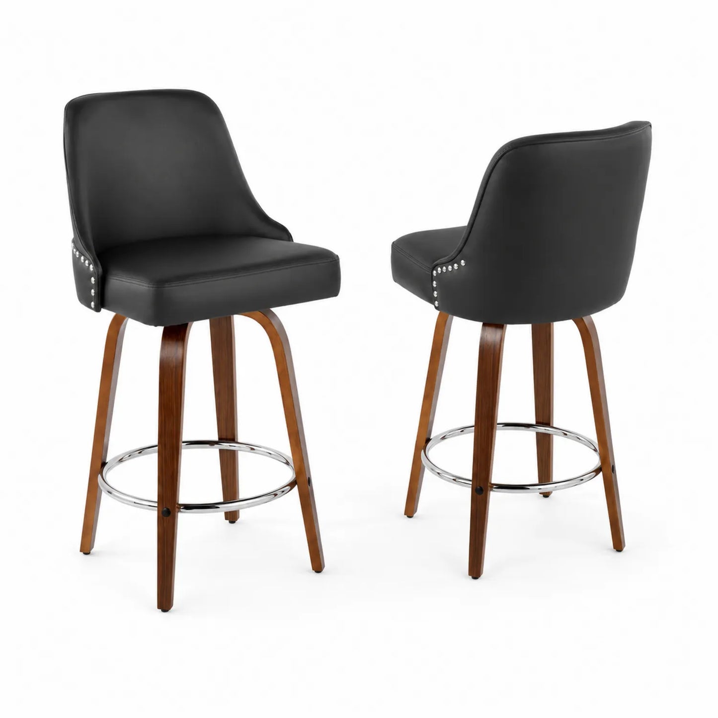 Tabouret de bar pivotant en cuir synthétique noir avec pieds en bois et repose-pieds en métal