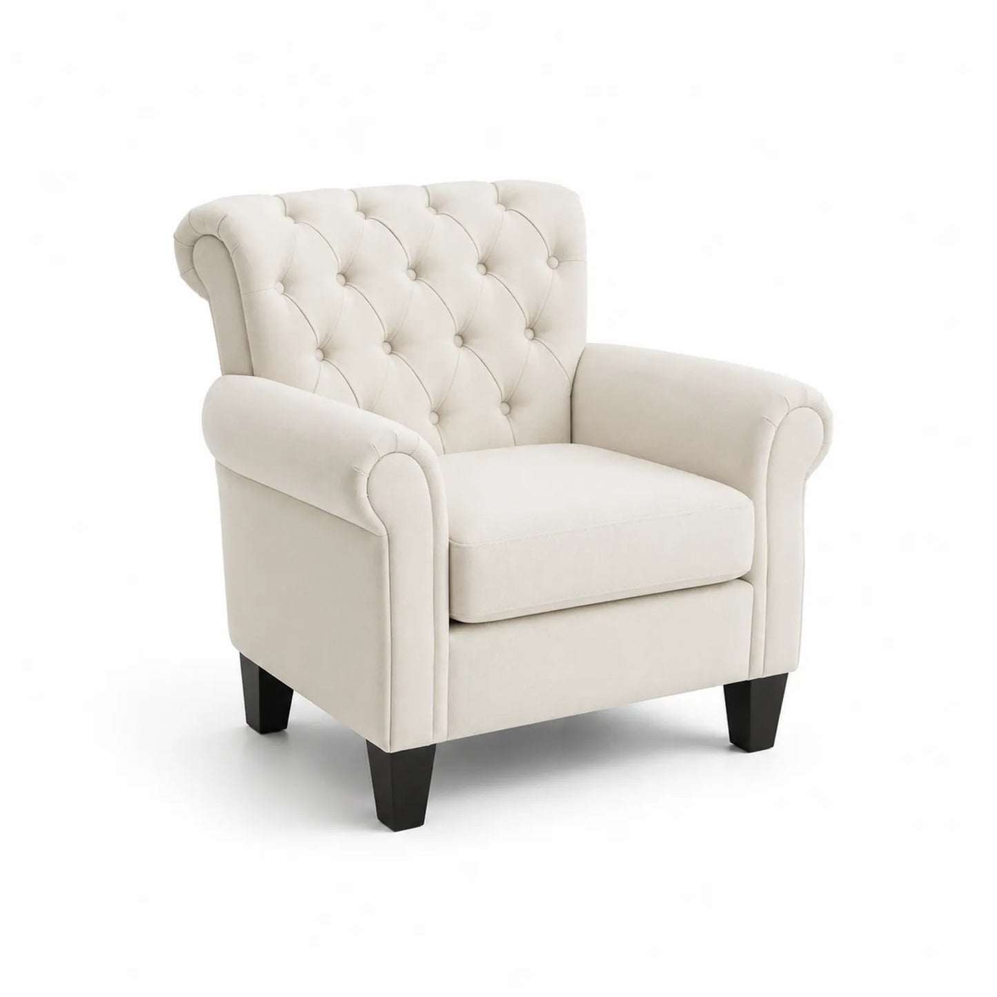 Fauteuil tissu beige avec accoudoirs et pieds en bois