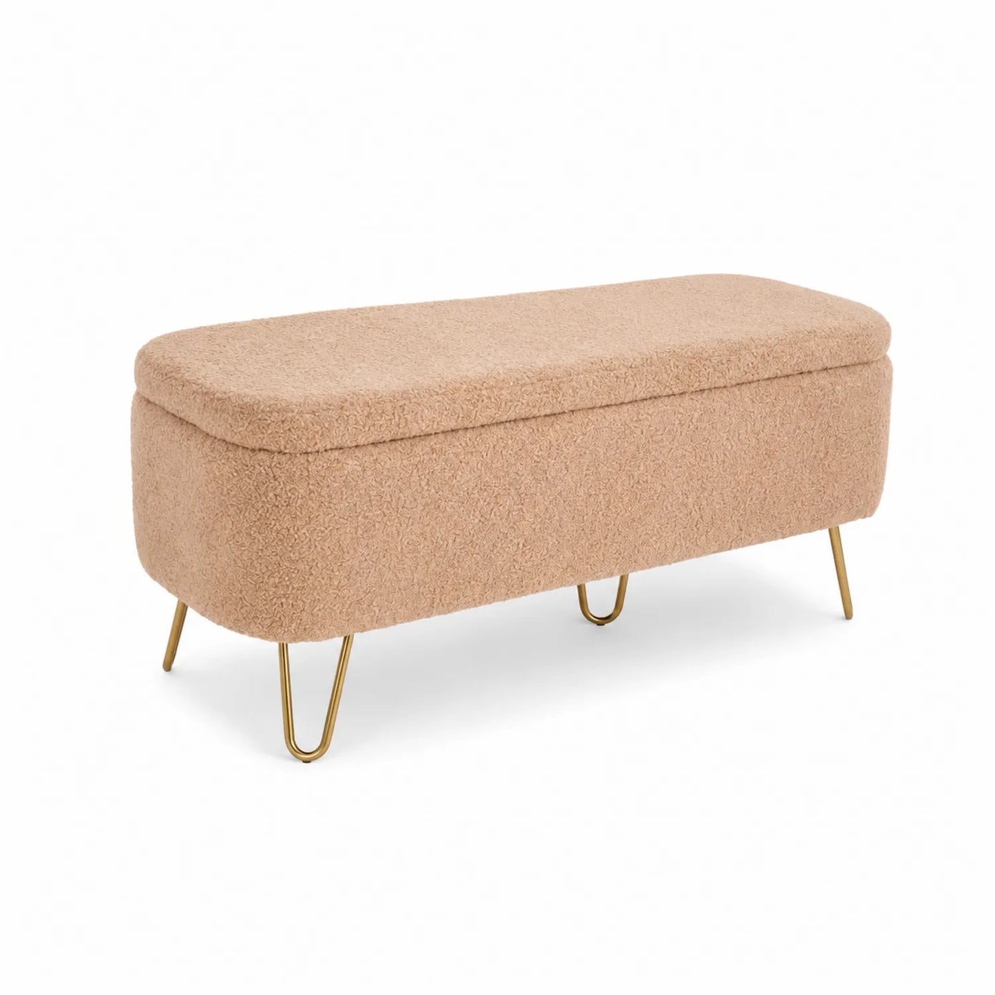 Banc rectangulaire en tissu bouclé avec pieds en métal doré 120x40x45 cm