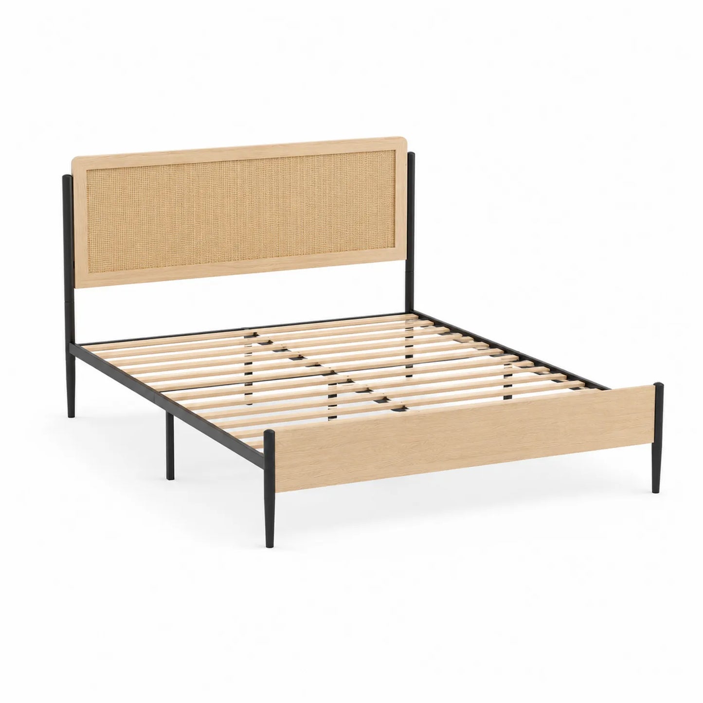 Lit double en bois et métal avec tête de lit en rotin