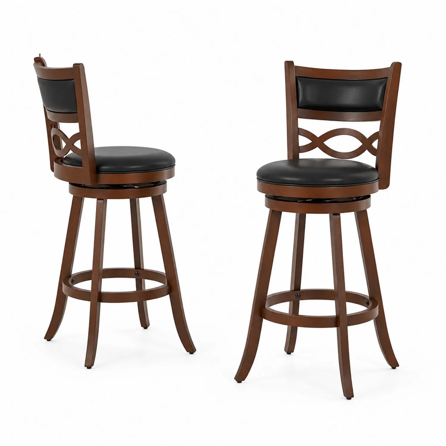 Tabouret de bar pivotant en bois avec assise en cuir synthétique - Marron et Noir