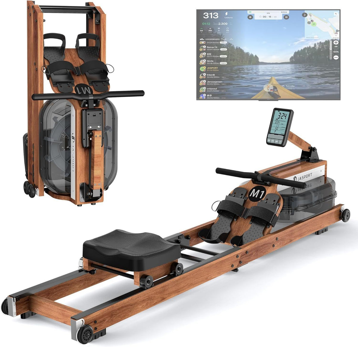 Rameur: structure en bois, pliable, connexion Bluetooth, avec écran, 20 L