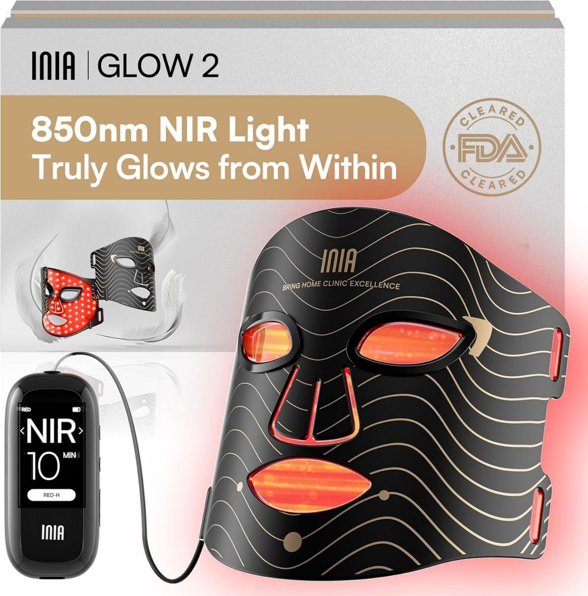 Masque LED visage à lumière rouge - affichage LED, rechargeable, 850 nm, 4 modes, INIA