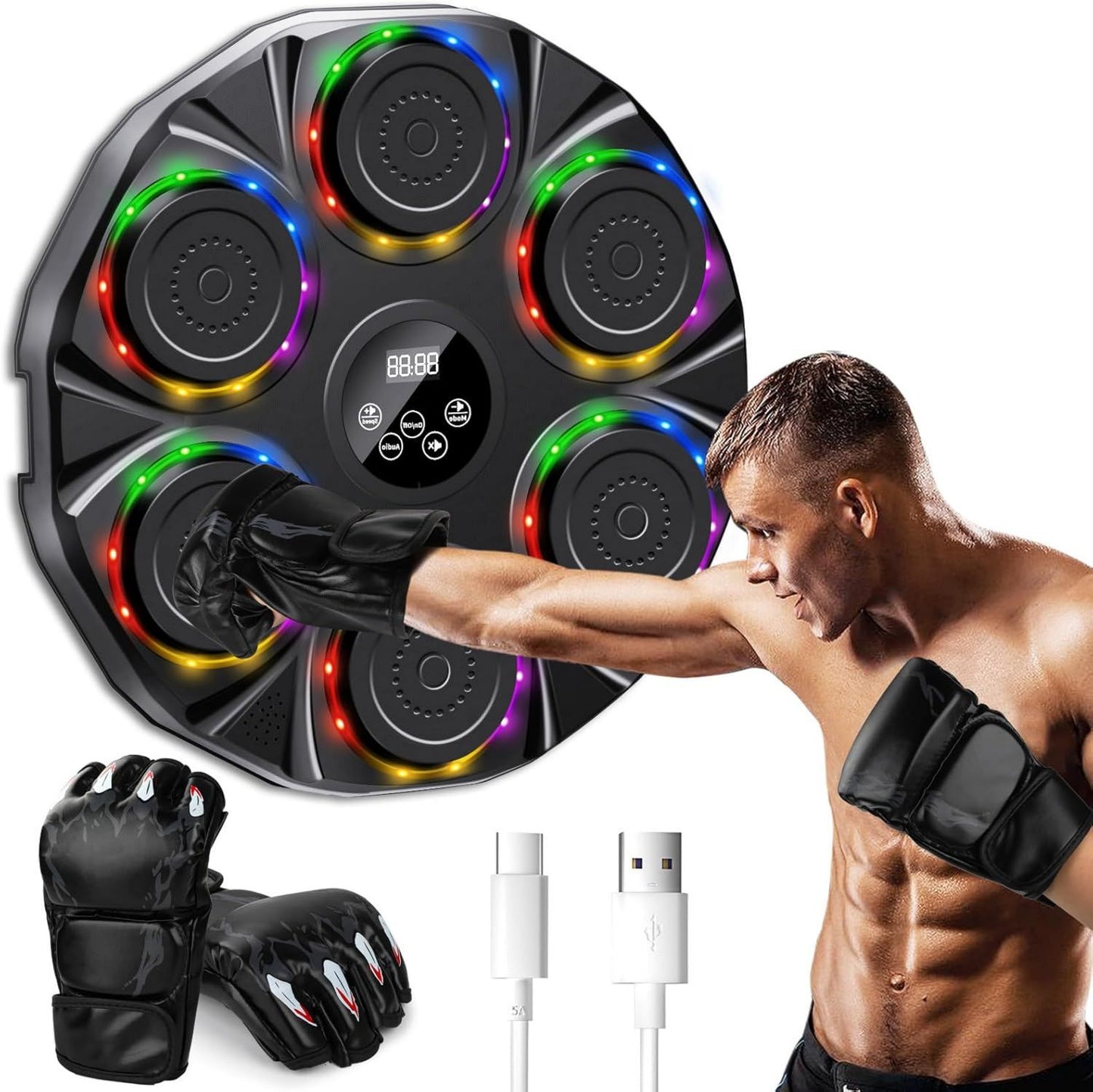Machine de boxe musicale: montage mural, avec gants de boxe, connexion Bluetooth, affichage LED, 9 Modes, noir