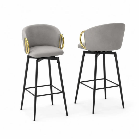 Tabourets de bar en tissu gris avec accoudoirs dorés et structure métallique noire, lot de 2