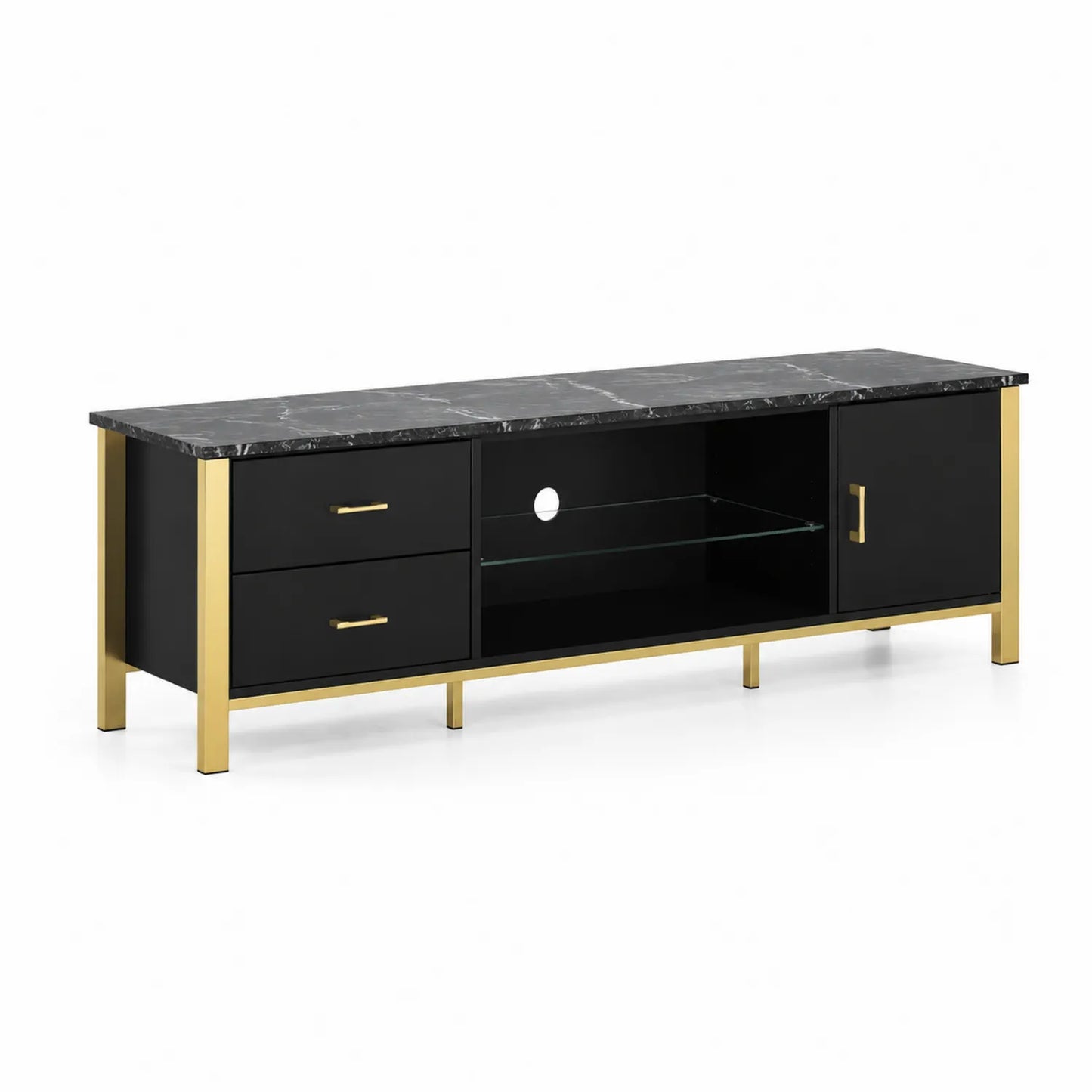 Meuble TV en bois, marbre et métal doré 140x40x50 cm