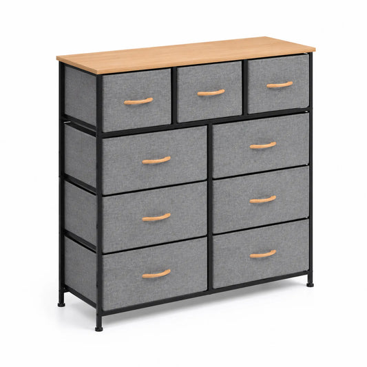 Commode à 9 tiroirs en tissu gris avec cadre en métal et plateau en bois
