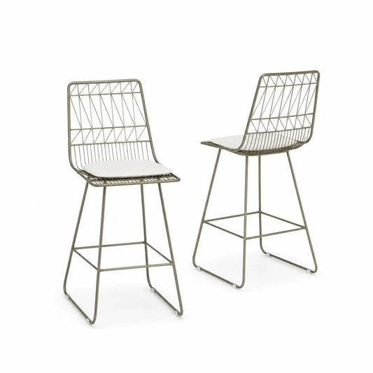 Tabourets de bar en métal avec coussin en polyester Blanc, hauteur 75 cm, lot de 2