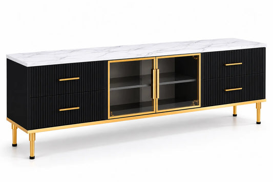 Meuble TV en bois composite noir et or avec plateau en marbre