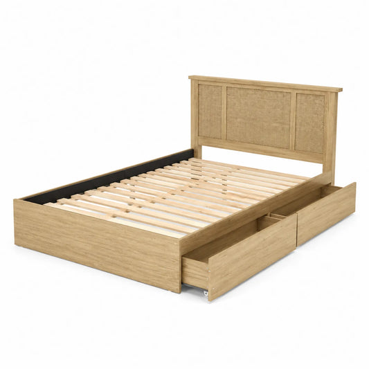 Lit double en bois avec tiroirs et tête de lit en rotin 200x160 cm