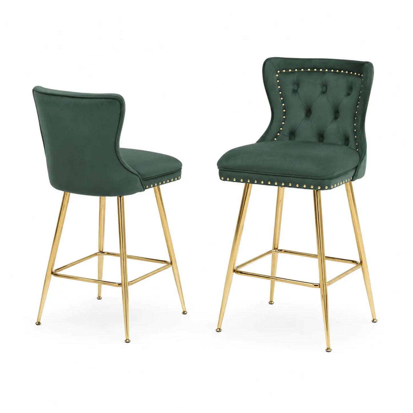 Tabourets de bar en velours vert avec pieds en métal, ensemble de 2