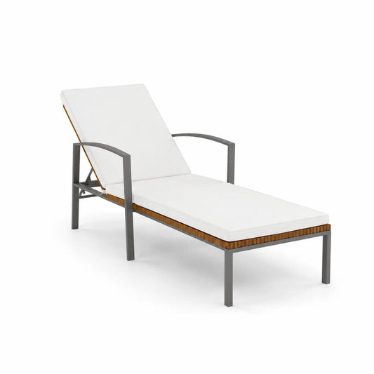 Chaise longue réglable en aluminium et bois avec coussins blanc