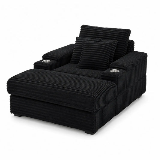 Fauteuil en velours noir avec repose-pieds et porte-gobelets