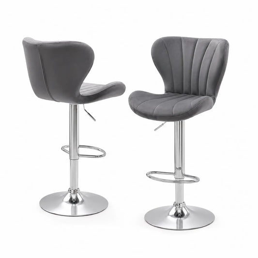 Tabouret de bar en velours gris avec base en acier chromé