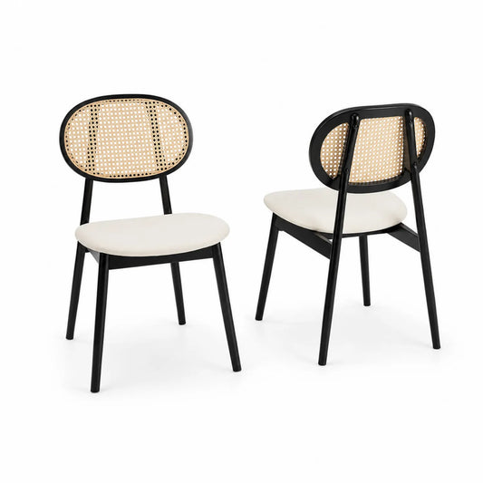 Chaise en bois et rotin, lot de deux, Noir et Beige