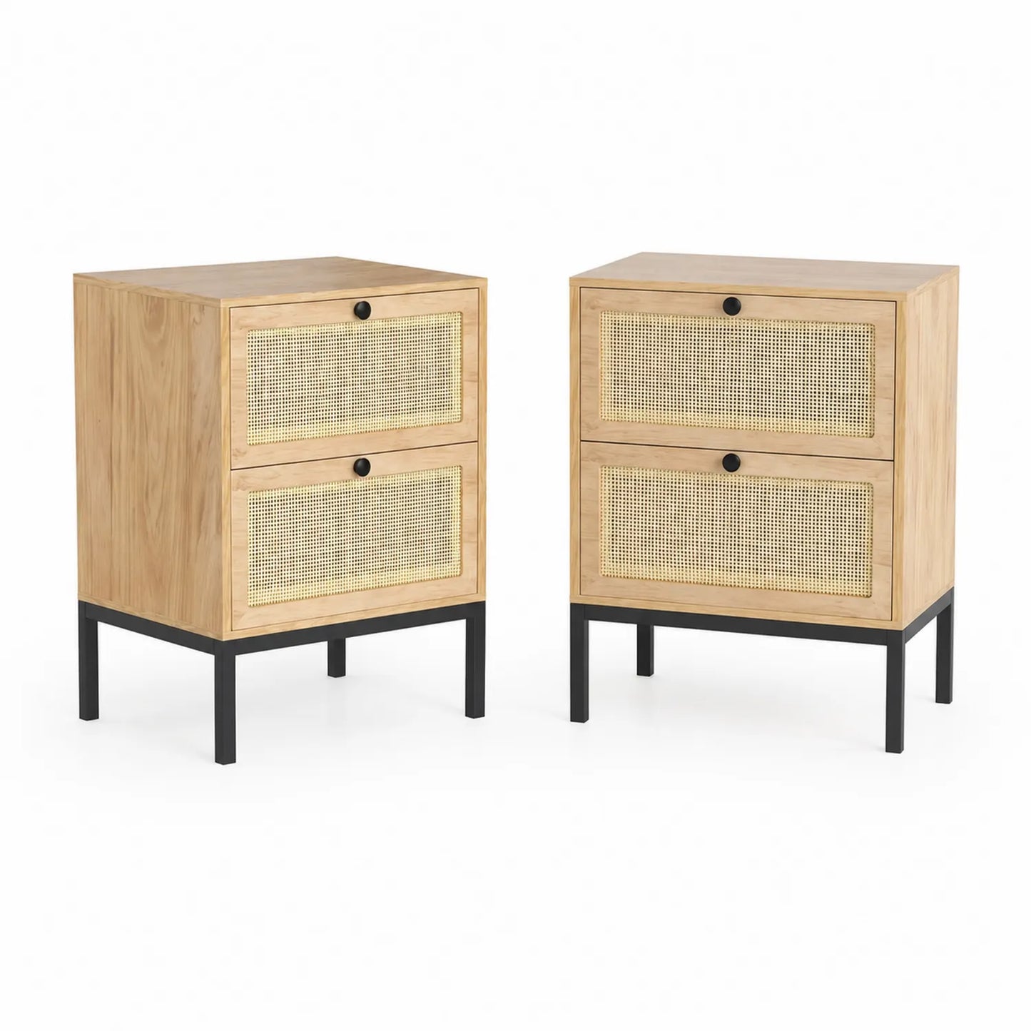 Tables de chevet en bois et rotin avec pieds en métal noir, lot de 2