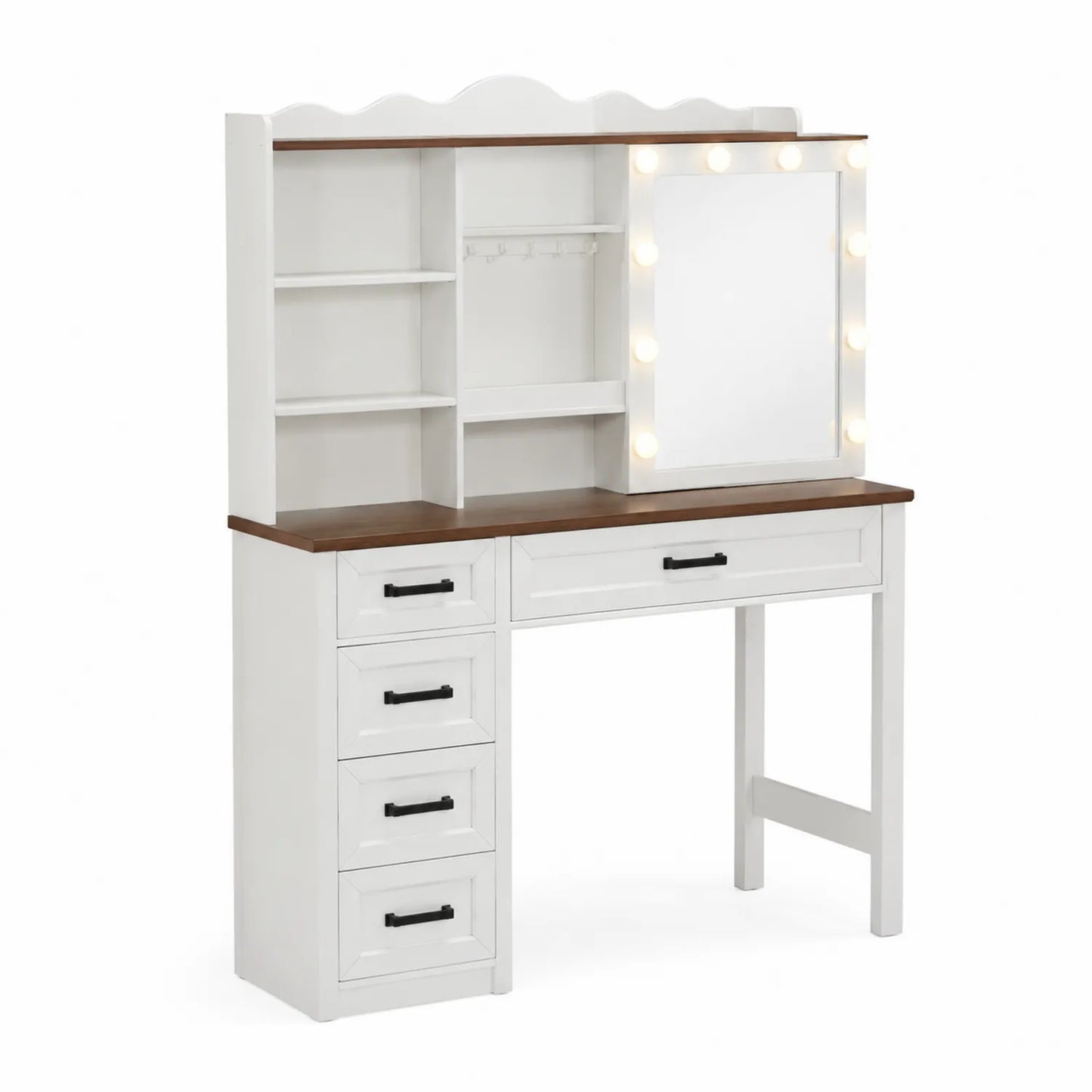 Coiffeuse en bois avec miroir éclairé LED Blanc et Marron