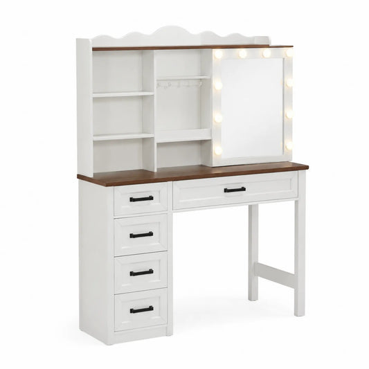 Coiffeuse en bois avec miroir éclairé LED Blanc et Marron