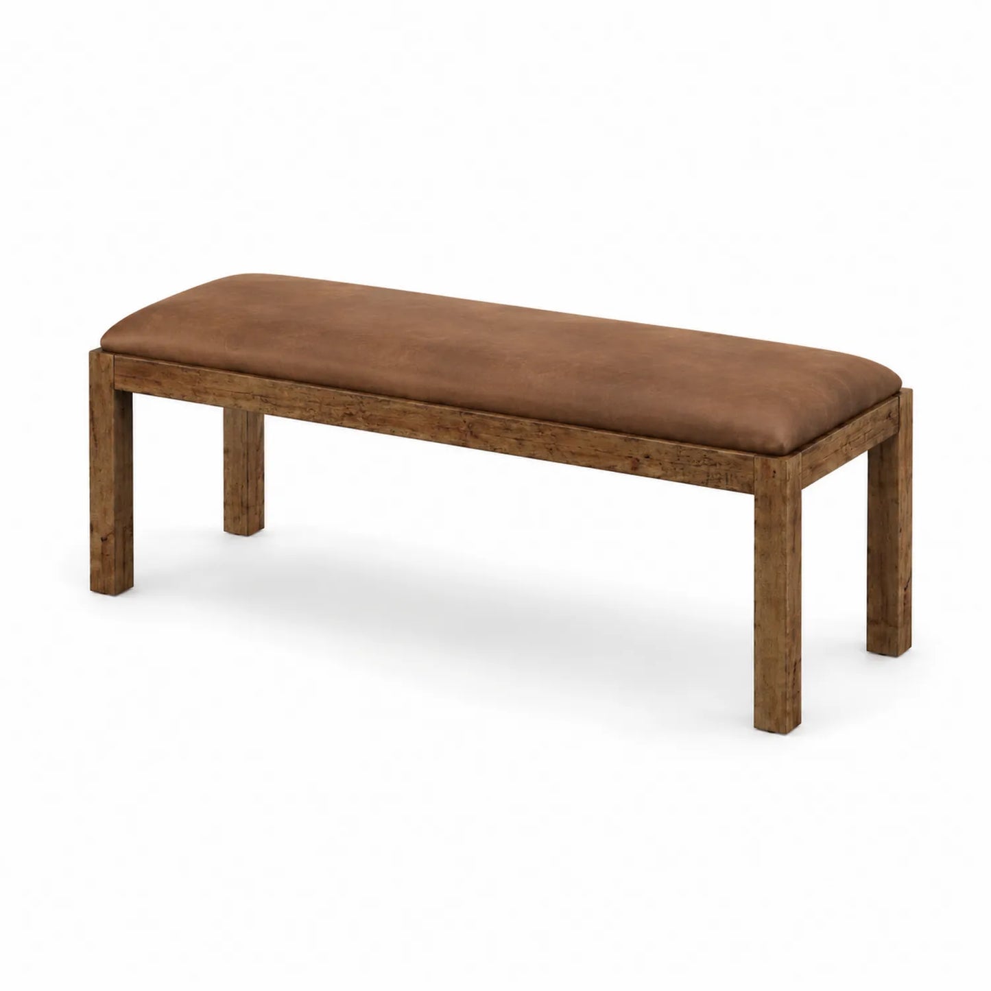 Banc en bois avec assise en cuir synthétique marron