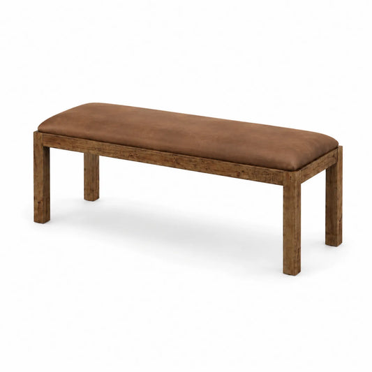 Banc en bois avec assise en cuir synthétique marron