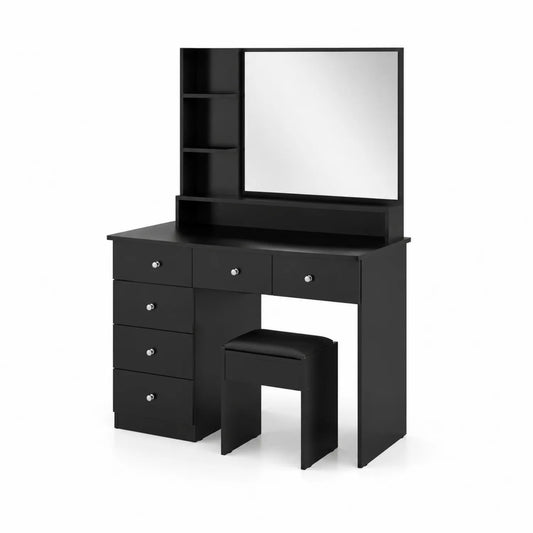 Coiffeuse en Bois Noir avec Tabouret et Miroir