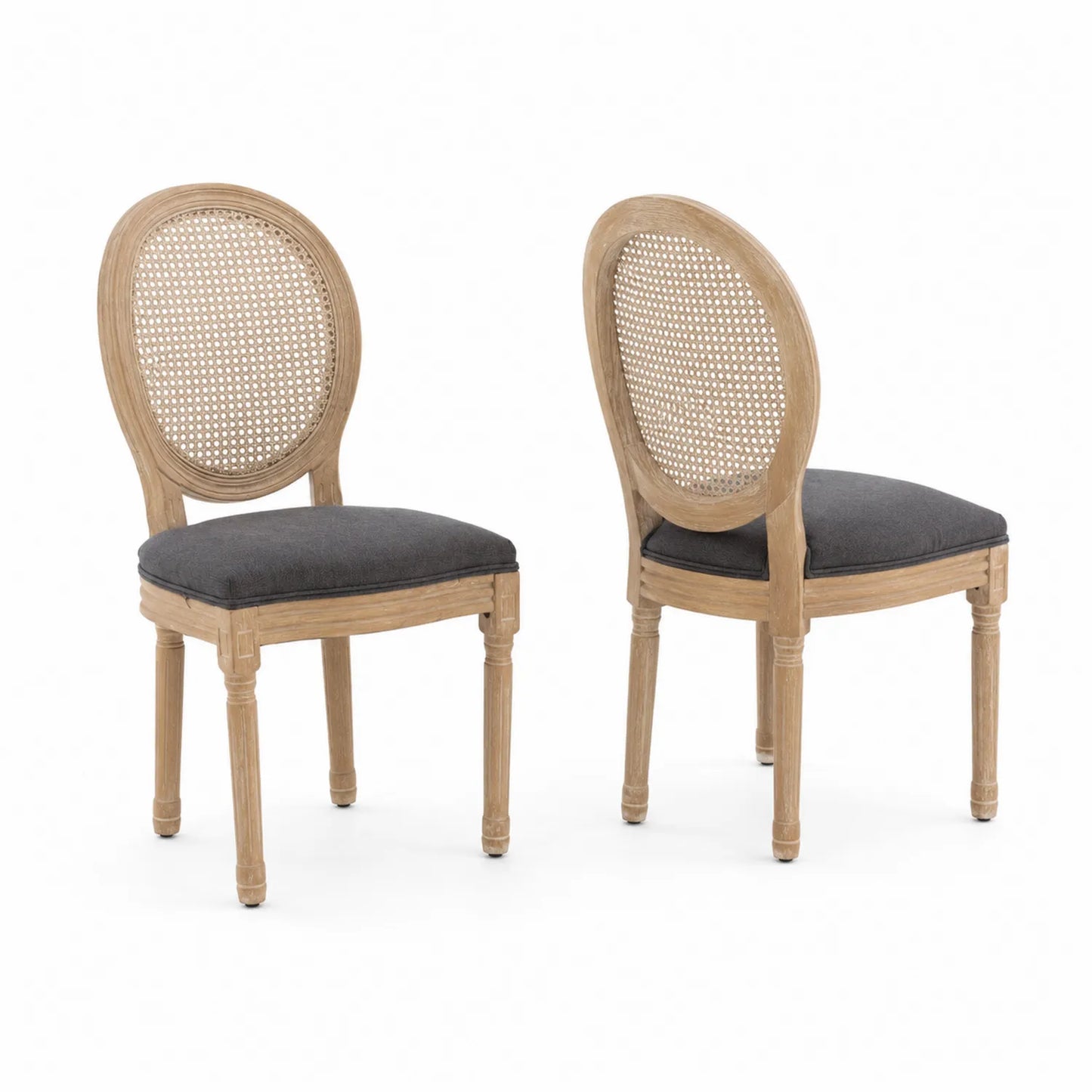 Chaises en bois clair avec dossier en rotin et coussin gris, lot de 2