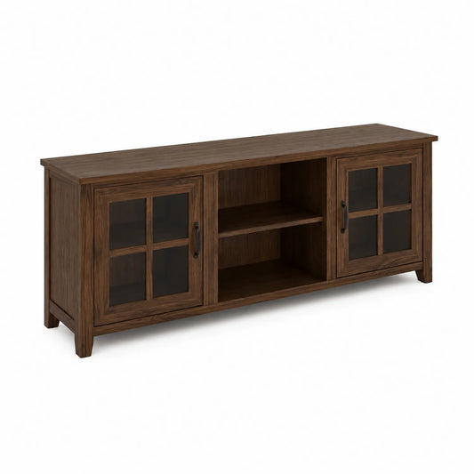 Meuble TV en bois avec portes en verre trempé brun
