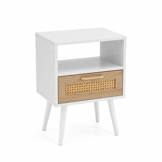 Table de chevet en bois MDF et rotin blanc/Naturel