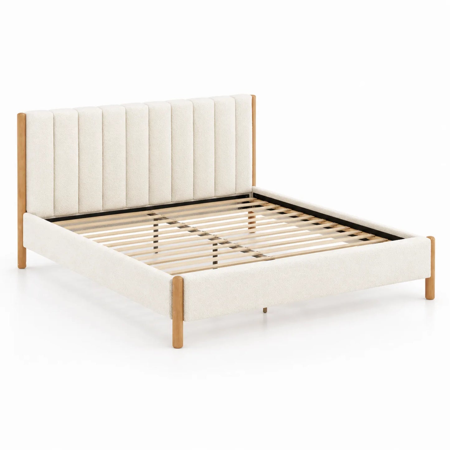 Lit Double en Bois avec Revêtement en Tissu Beige 200 x 160 cm