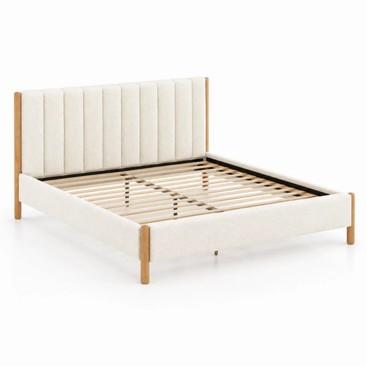 Lit Double en Bois avec Revêtement en Tissu Beige 200 x 160 cm
