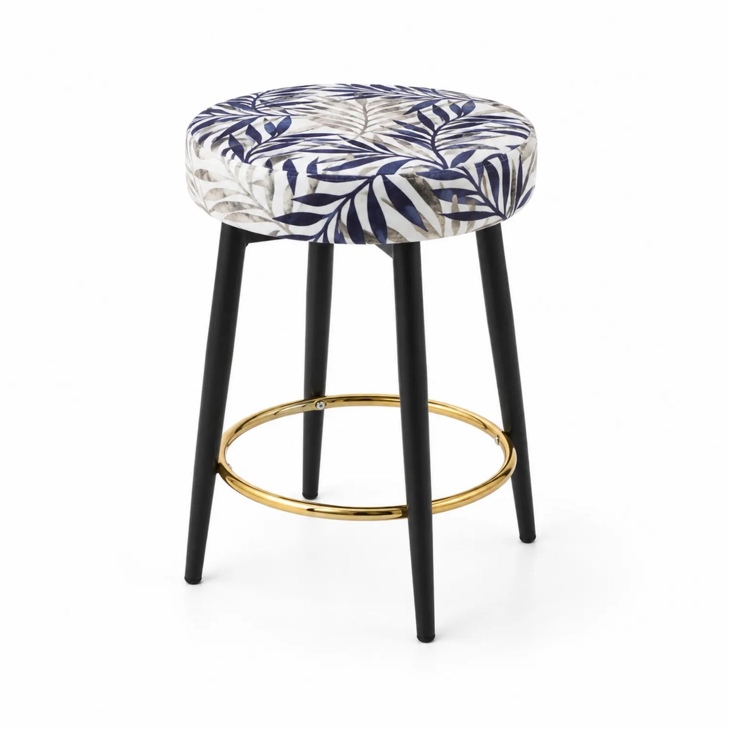 Tabouret de bar en tissu imprimé avec cadre en métal et repose-pieds doré, hauteur 75 cm