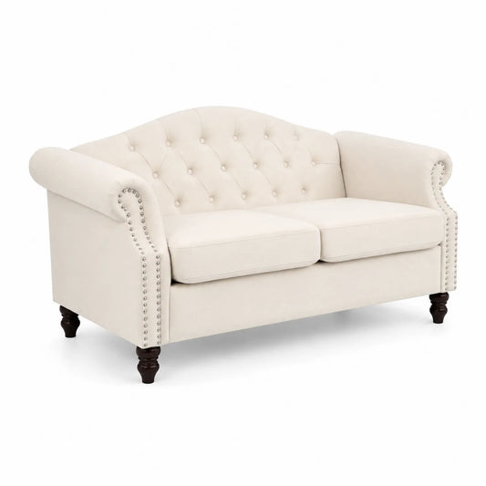 Canapé 2 places en tissu beige avec accoudoirs roulés et pieds en bois