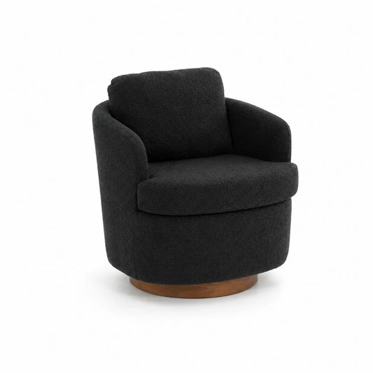 Fauteuil pivotant en polyester noir avec base en bois
