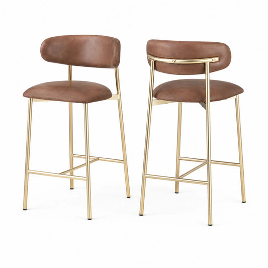Lot de 2 tabourets de bar en cuir synthétique brun et métal doré