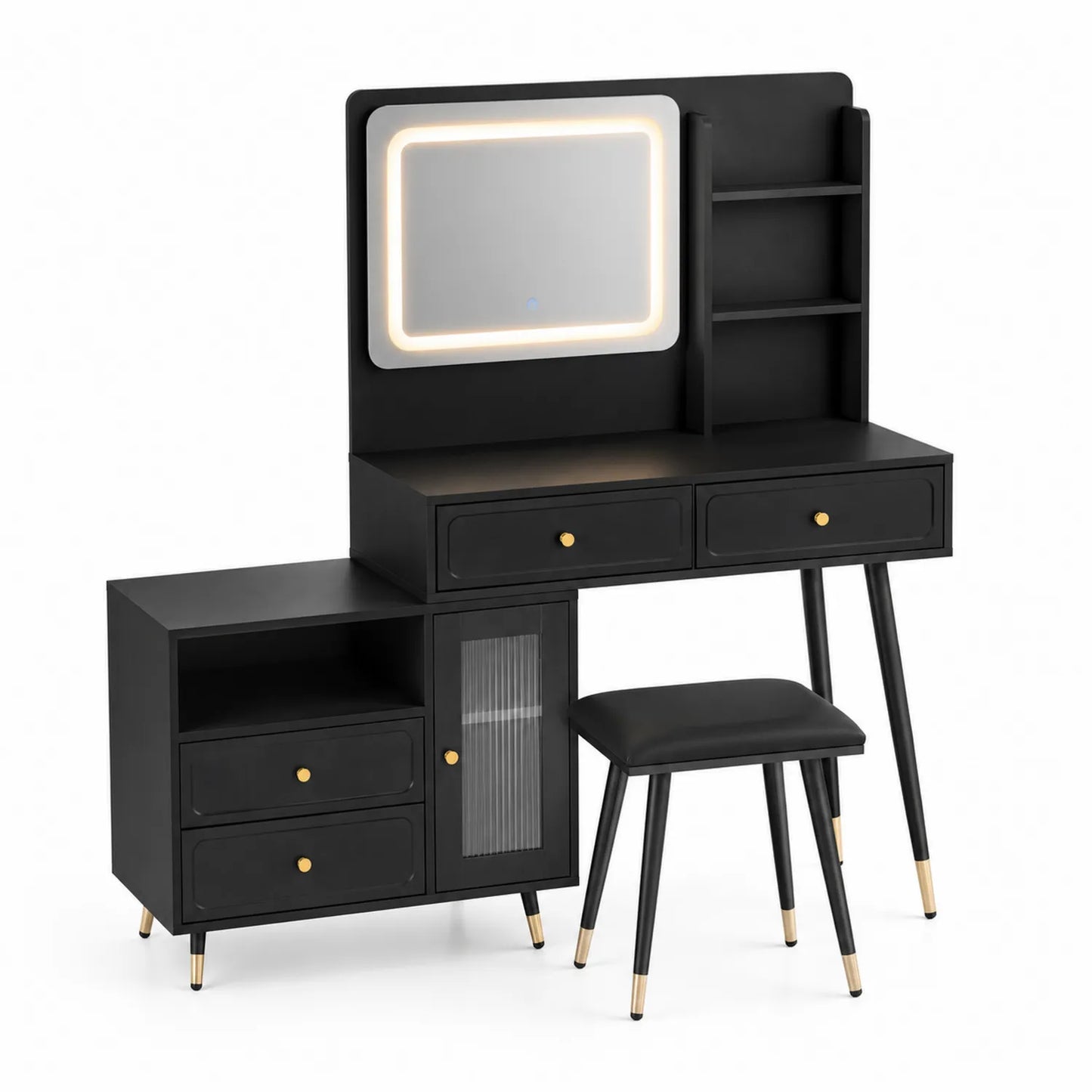 Coiffeuse en bois MDF noir avec miroir LED et tabouret