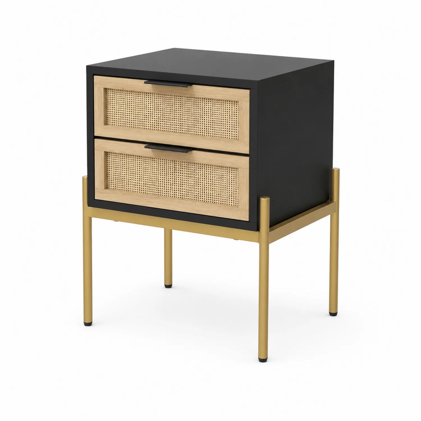 Table de chevet en bois et rotin avec structure en métal