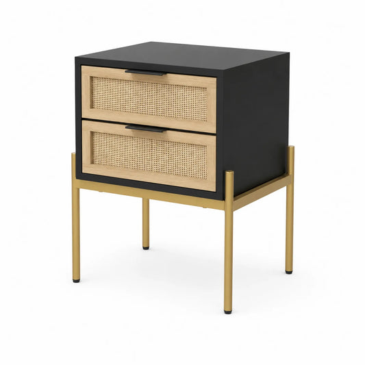 Table de chevet en bois et rotin avec structure en métal