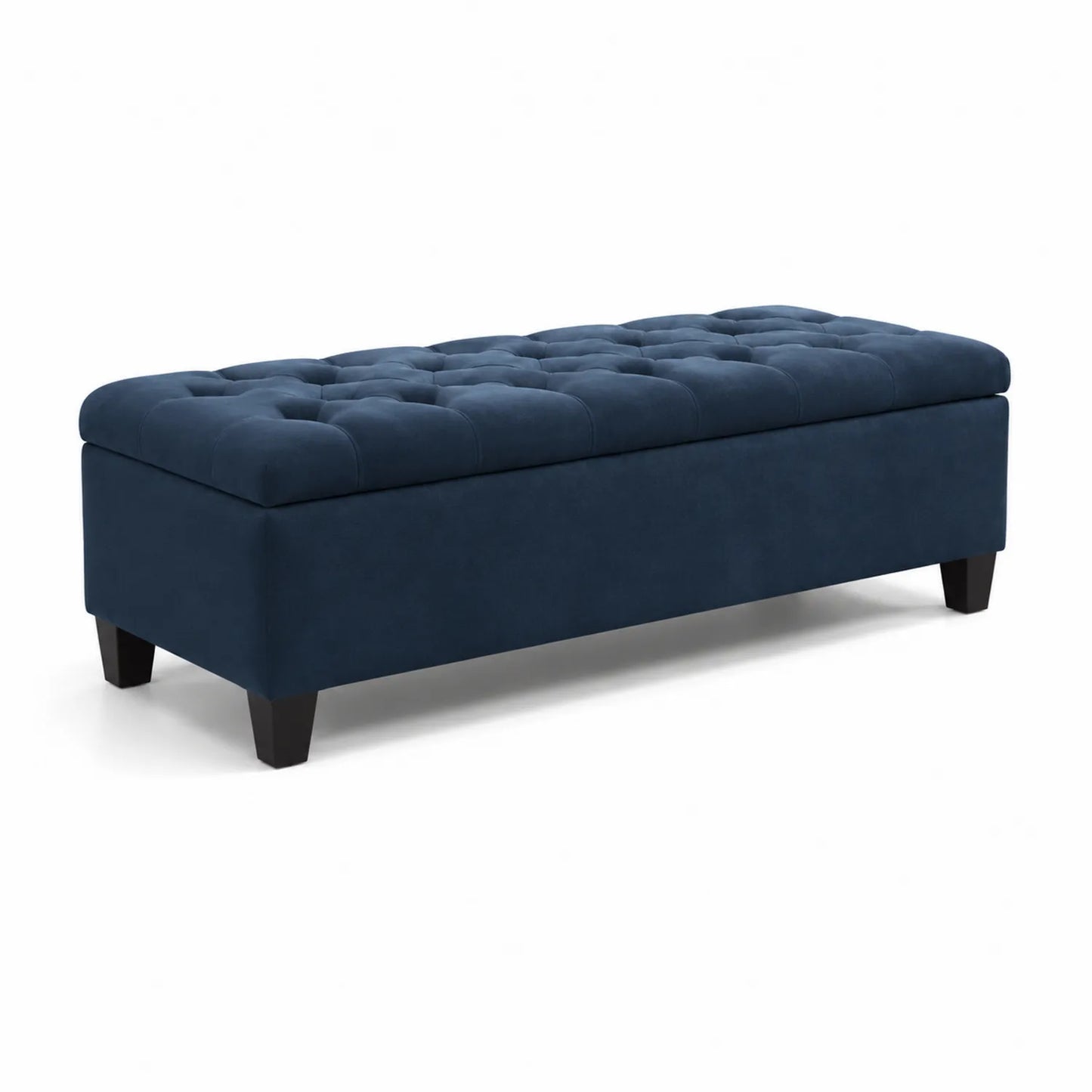 Banc de rangement en velours bleu avec pieds en bois