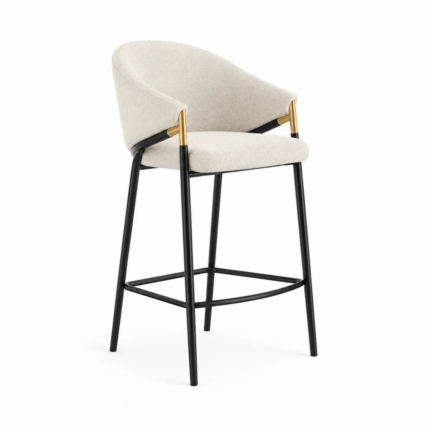 Tabouret de bar en tissu beige avec cadre en métal noir et finitions dorées