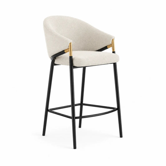 Tabouret de bar en tissu beige avec cadre en métal noir et finitions dorées