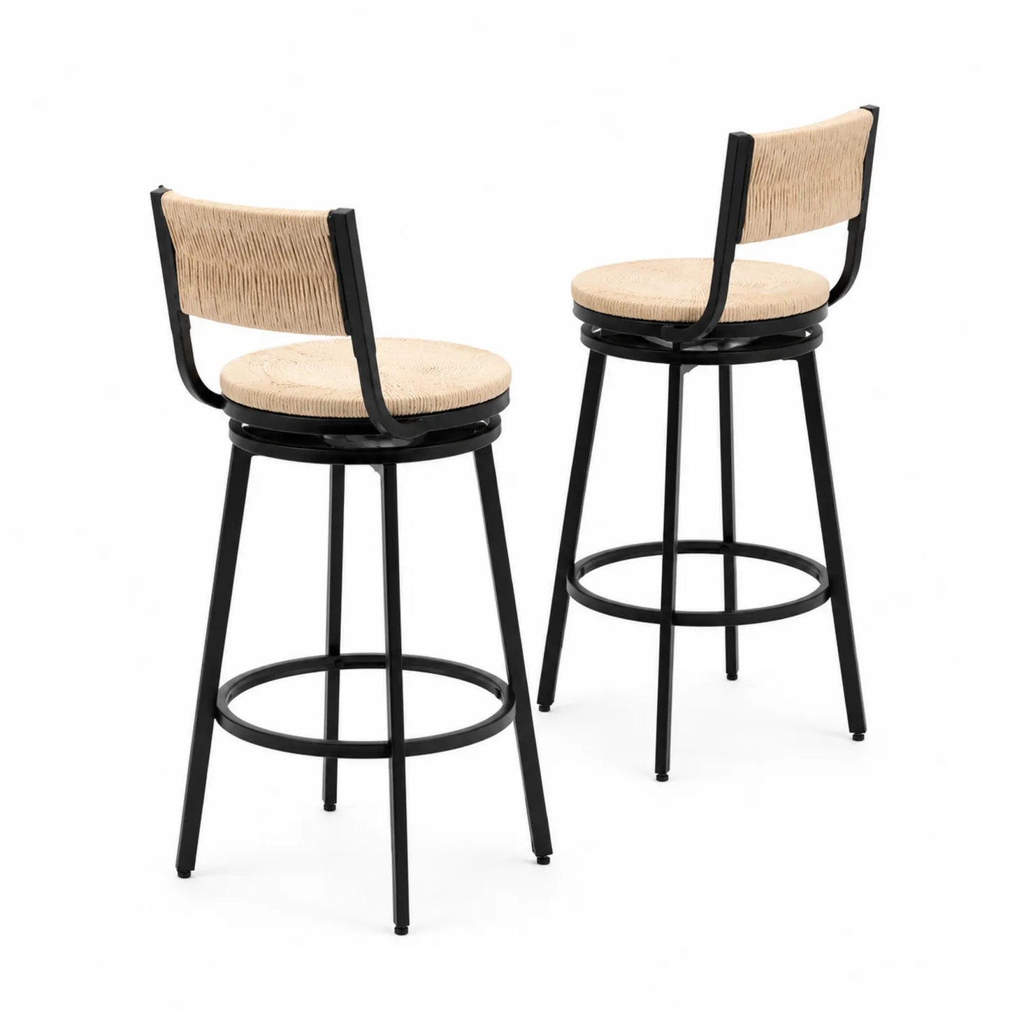 Tabourets de bar pivotants en métal et rotin beige et noir lot de 2
