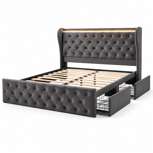 Lit Double en Velours avec Rangement et Éclairage LED 200cm x 160cm