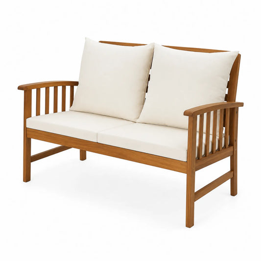 Banc d'extérieur en bois avec coussins beige