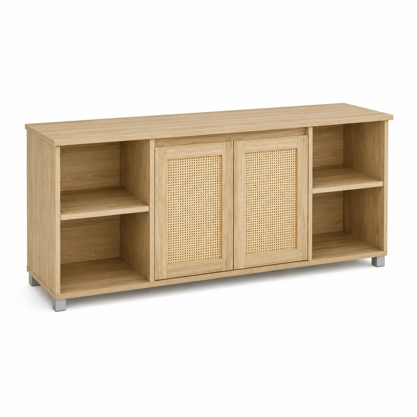 Meuble TV en bois avec portes en rotin et étagères 150x40x60 cm