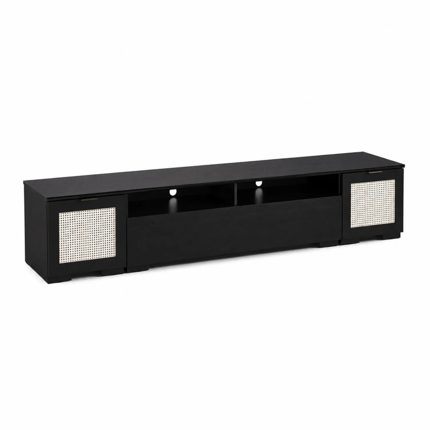 Meuble TV en bois noir avec portes en osier