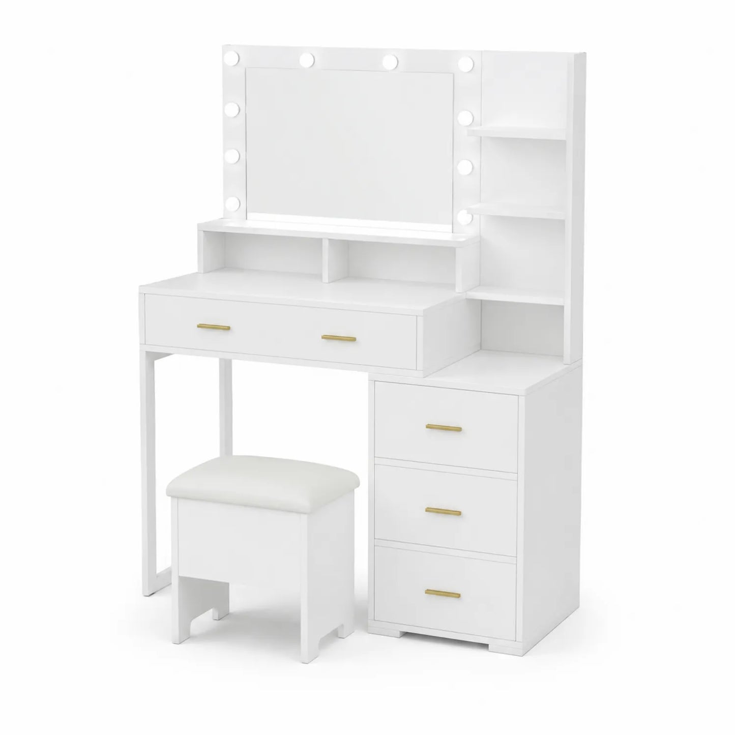 Coiffeuse en bois avec miroir LED et tabouret de rangement blanc