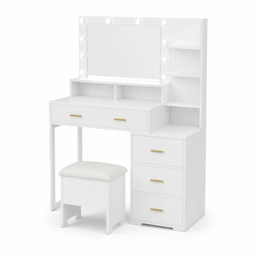 Coiffeuse en bois avec miroir LED et tabouret de rangement blanc