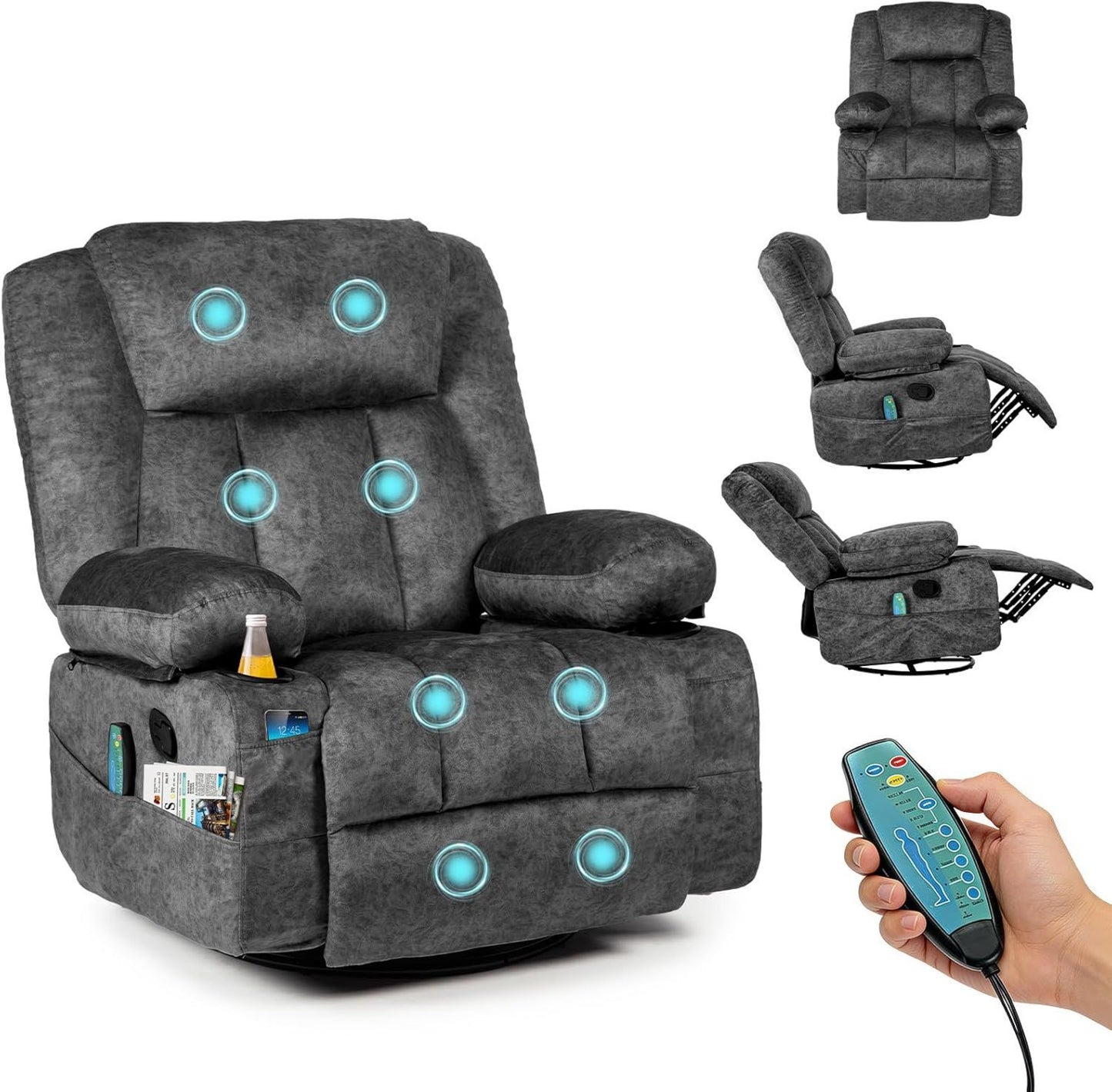 Fauteuil de massage: fonction chauffante, pivotant, réglable, HAUSPROFI