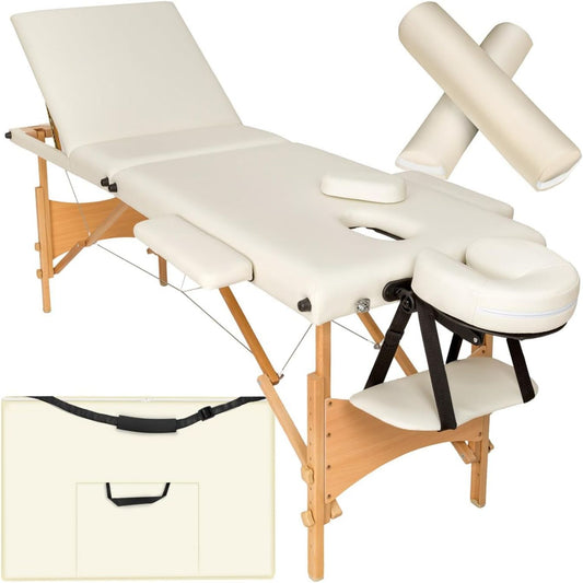 tectake ® Table de Massage Pliante Professionnelle 3 Zones Ergonomique Massage - structure en bois, format portable, usage professionnel, beige